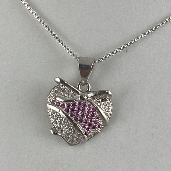 Ribbon of Rubies pass through a Heart Wrapped in a Bow Pendant Necklace - Picture 1 of 5